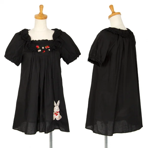 ピンクハウスPINK HOUSE ラビットストロベリー刺繍フリル半袖チュニック 黒M位 K-102697_001