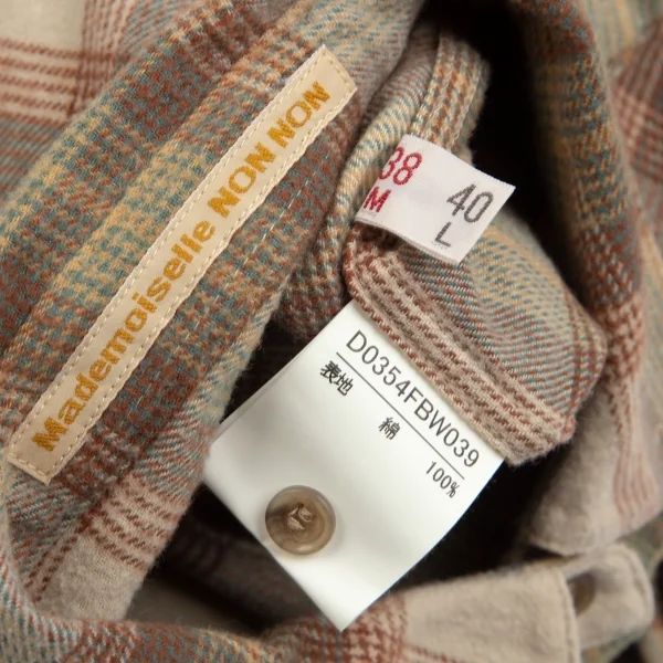 マドモアゼルノンノンMademoiselle NON NON 襟刺繍オーバーチェック長袖シャツ ベージュ茶38M K-102762_016