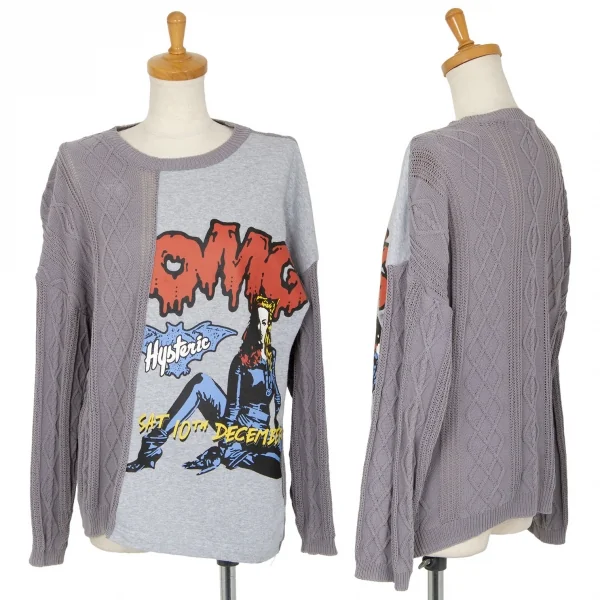ヒステリックグラマーHYSTERIC GLAMOUR ガールプリントフロントスウェット切替ケーブルニットセーター グレーフリー K-102822_001