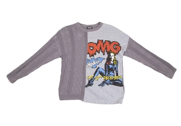 ヒステリックグラマーHYSTERIC GLAMOUR ガールプリントフロントスウェット切替ケーブルニットセーター グレーフリー K-102822_002