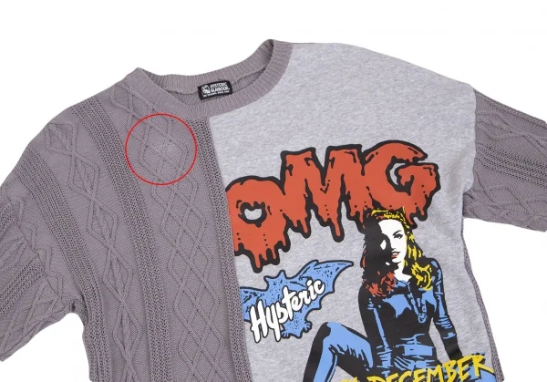 ヒステリックグラマーHYSTERIC GLAMOUR ガールプリントフロントスウェット切替ケーブルニットセーター グレーフリー K-102822_003