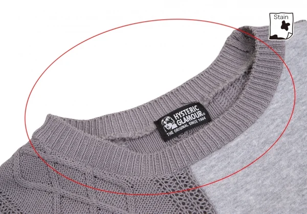 ヒステリックグラマーHYSTERIC GLAMOUR ガールプリントフロントスウェット切替ケーブルニットセーター グレーフリー K-102822_005