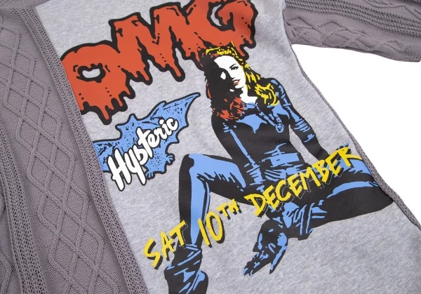 ヒステリックグラマーHYSTERIC GLAMOUR ガールプリントフロントスウェット切替ケーブルニットセーター グレーフリー K-102822_006