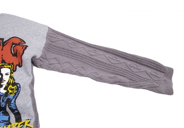 ヒステリックグラマーHYSTERIC GLAMOUR ガールプリントフロントスウェット切替ケーブルニットセーター グレーフリー K-102822_008