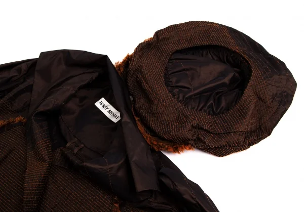 イッセイミヤケISSEY MIYAKE A-POC INSIDE 刺し子フリンジショールフード着脱ロングコート 茶2 K-102846_003