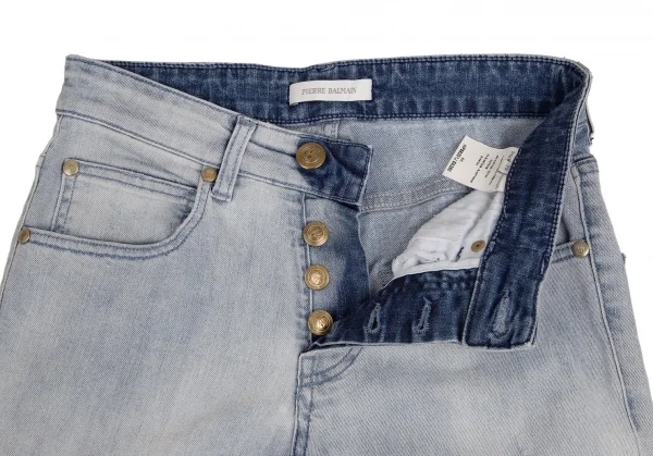 ピエールバルマンPIERRE BALMAIN モールワッペンパッチワークスキニーデニムパンツ 淡インディゴ29 K-102915_014
