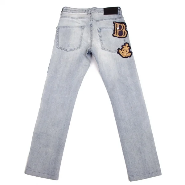 ピエールバルマンPIERRE BALMAIN モールワッペンパッチワークスキニーデニムパンツ 淡インディゴ29 K-102915_002