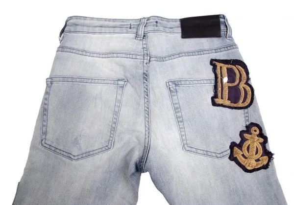 ピエールバルマンPIERRE BALMAIN モールワッペンパッチワークスキニーデニムパンツ 淡インディゴ29 K-102915_003
