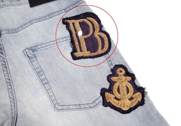 ピエールバルマンPIERRE BALMAIN モールワッペンパッチワークスキニーデニムパンツ 淡インディゴ29 K-102915_004
