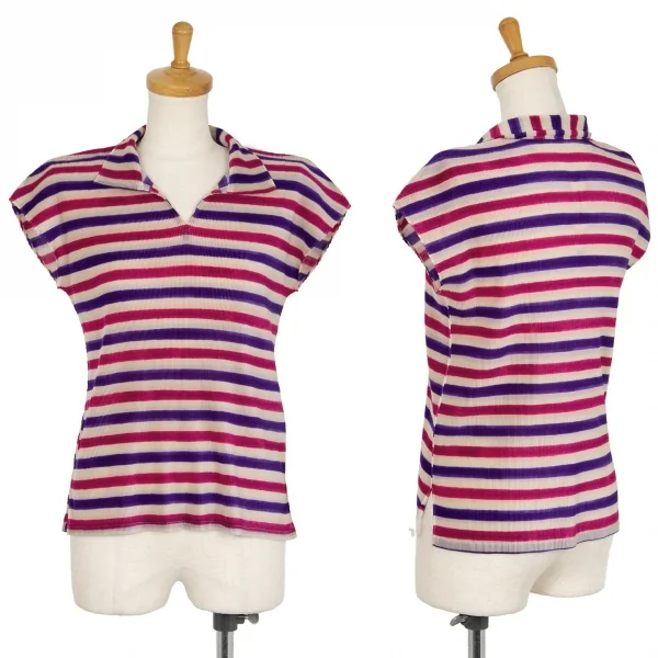 プリーツプリーズPLEATS PLEASE ボーダープリント細プリーツフレンチスリーブスキッパーポロシャツ ベージュ青ピンク3 K-102923_001