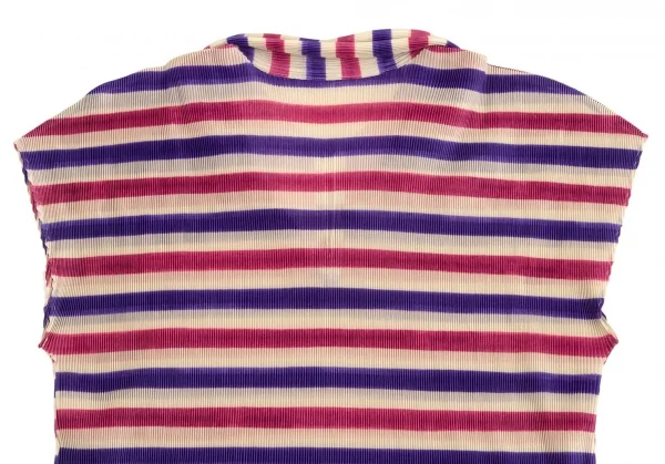 プリーツプリーズPLEATS PLEASE ボーダープリント細プリーツフレンチスリーブスキッパーポロシャツ ベージュ青ピンク3 K-102923_010