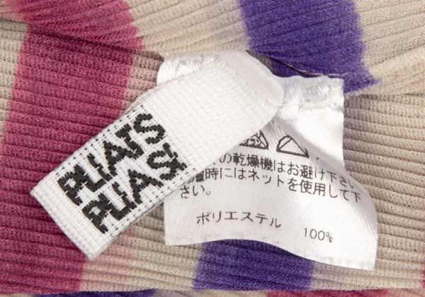 プリーツプリーズPLEATS PLEASE ボーダープリント細プリーツフレンチスリーブスキッパーポロシャツ ベージュ青ピンク3 K-102923_015