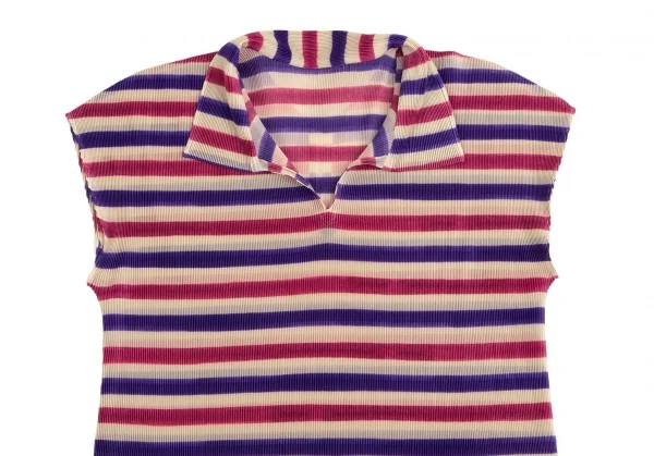 プリーツプリーズPLEATS PLEASE ボーダープリント細プリーツフレンチスリーブスキッパーポロシャツ ベージュ青ピンク3 K-102923_003