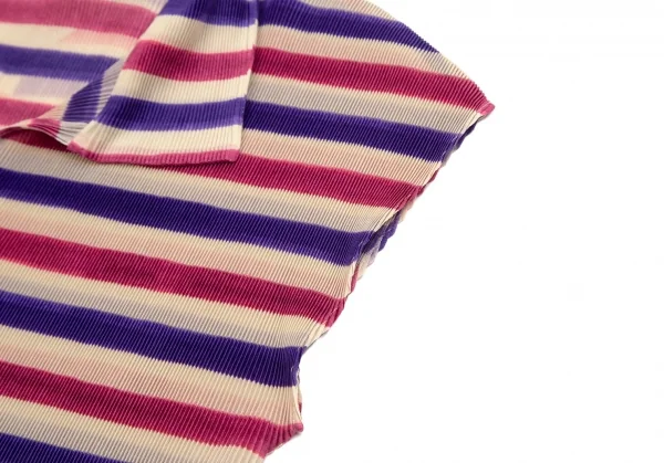 プリーツプリーズPLEATS PLEASE ボーダープリント細プリーツフレンチスリーブスキッパーポロシャツ ベージュ青ピンク3 K-102923_005