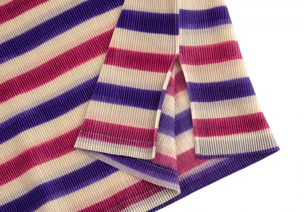 プリーツプリーズPLEATS PLEASE ボーダープリント細プリーツフレンチスリーブスキッパーポロシャツ ベージュ青ピンク3 K-102923_007