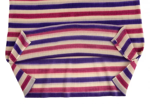 プリーツプリーズPLEATS PLEASE ボーダープリント細プリーツフレンチスリーブスキッパーポロシャツ ベージュ青ピンク3 K-102923_008