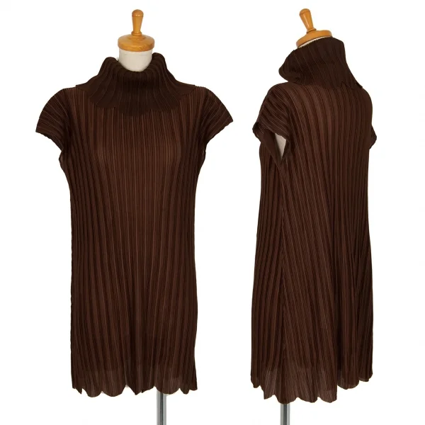 プリーツプリーズPLEATS PLEASE スカラップタートルネックノースリーブチュニック 茶3 K-102925_001