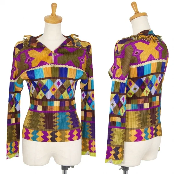 プリーツプリーズPLEATS PLEASE フリンジネック総柄プリントカットソー マルチ4 K-102932_001