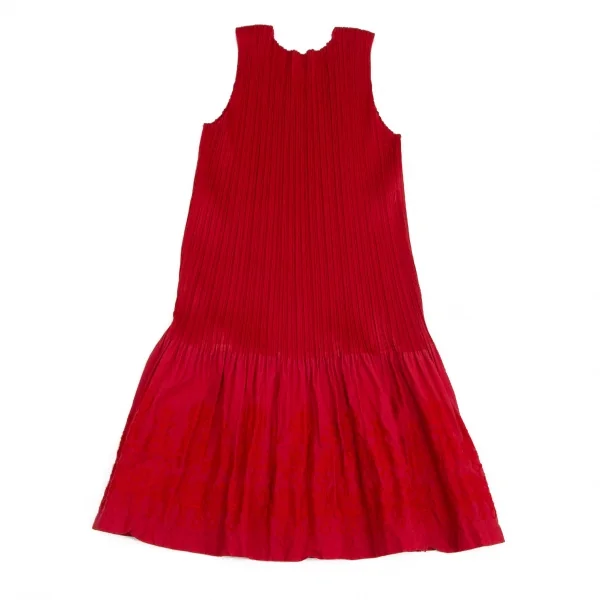プリーツプリーズPLEATS PLEASE 異素材切替刺繍プリーツノースリーブワンピース 赤3 K-102944_010