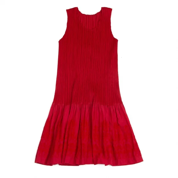 プリーツプリーズPLEATS PLEASE 異素材切替刺繍プリーツノースリーブワンピース 赤3 K-102944_002