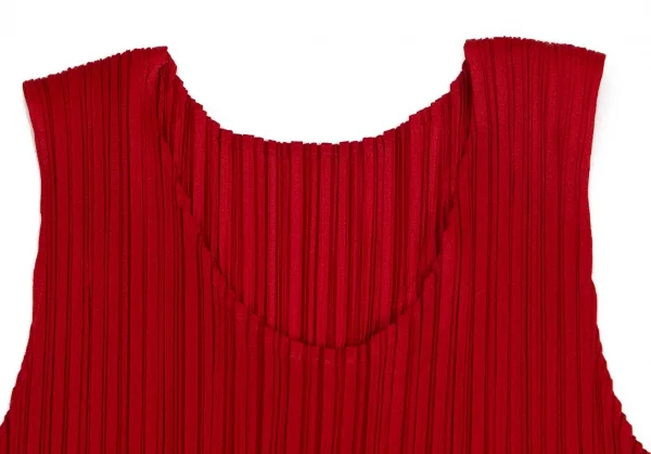 プリーツプリーズPLEATS PLEASE 異素材切替刺繍プリーツノースリーブワンピース 赤3 K-102944_005