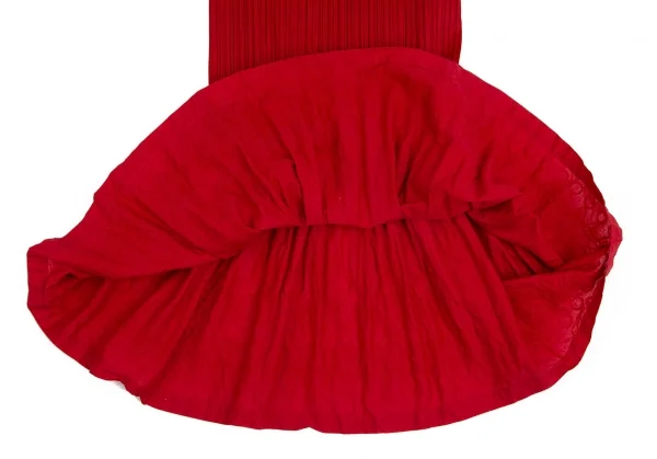 プリーツプリーズPLEATS PLEASE 異素材切替刺繍プリーツノースリーブワンピース 赤3 K-102944_008