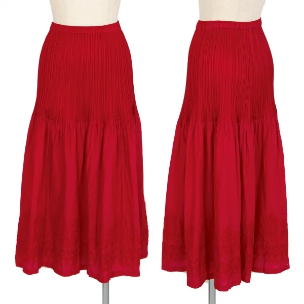 プリーツプリーズPLEATS PLEASE 異素材切替刺繍プリーツフレアスカート 赤3 K-102945_001