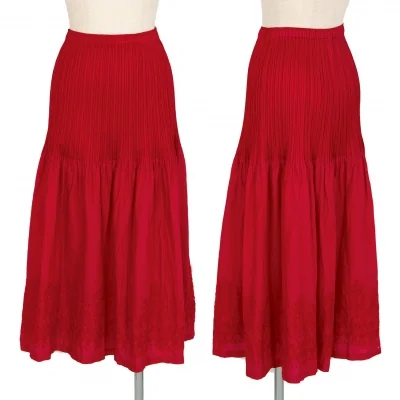 プリーツプリーズPLEATS PLEASE 異素材切替刺繍プリーツフレアスカート 赤