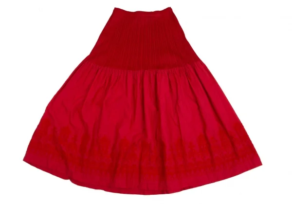 プリーツプリーズPLEATS PLEASE 異素材切替刺繍プリーツフレアスカート 赤3 K-102945_002