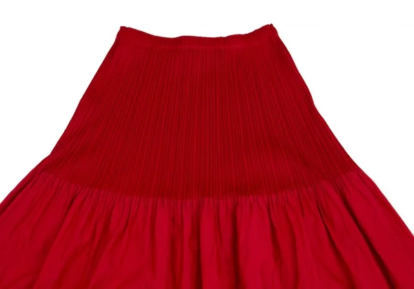 プリーツプリーズPLEATS PLEASE 異素材切替刺繍プリーツフレアスカート 赤3 K-102945_003