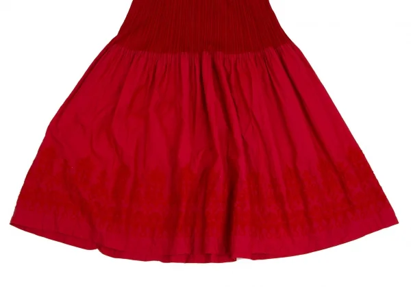 プリーツプリーズPLEATS PLEASE 異素材切替刺繍プリーツフレアスカート 赤3 K-102945_005