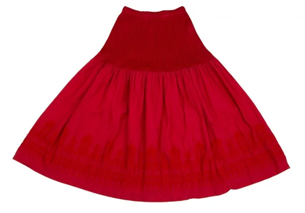 プリーツプリーズPLEATS PLEASE 異素材切替刺繍プリーツフレアスカート 赤3 K-102945_008