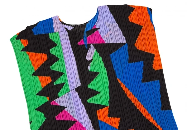 プリーツプリーズPLEATS PLEASE カラフルフレンチスリーブトップス 黒マルチM位 K-102958_003