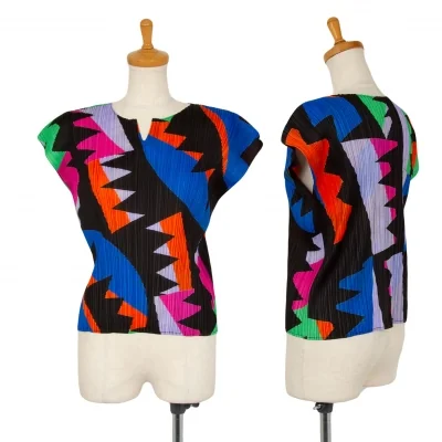 プリーツプリーズPLEATS PLEASE カラフルフレンチスリーブトップス 黒マルチ