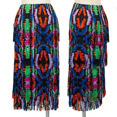 プリーツプリーズPLEATS PLEASE カラフルプリントフリンジスカート 黒マルチ