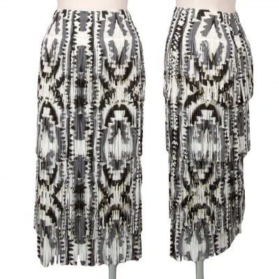 プリーツプリーズPLEATS PLEASE プリントフリンジスカート 白黒グレー