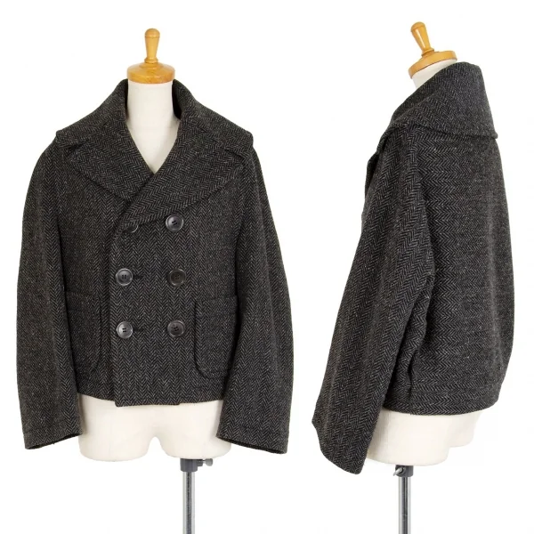 トリココムデギャルソンtricot COMME des GARCONSウールナイロンヘリンボーンサイドつまみデザインショートPコート ダークグレーM K-103066_001