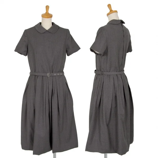 コムコム コムデギャルソンCOMME des GARCONS ウールウエストベルトラウンドカラー半袖ワンピース グレーS K-103104_001