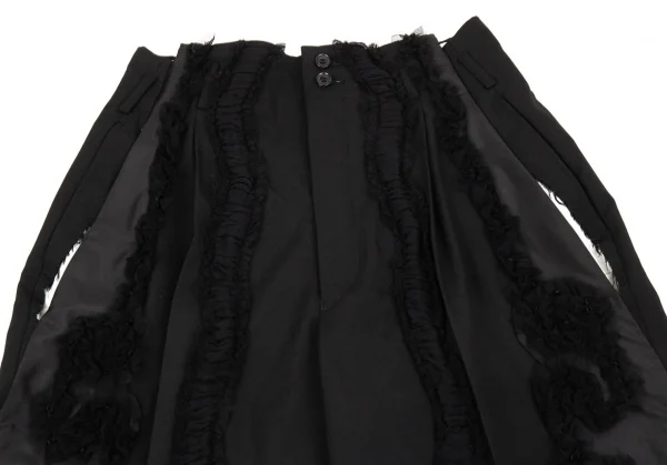 コムデギャルソンCOMME des GARCONS ウールフロントチュール花柄装飾カッティングデザインワイドパンツ 黒S K-103116_002