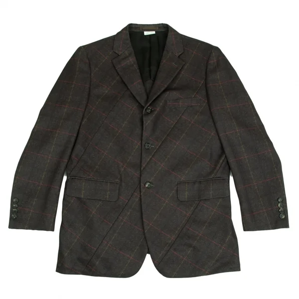 コムデギャルソン オムドゥCOMME des GARCONS HOMME DEUX ポリ斜行切替チェック3Bジャケット カーキL K-103135_001