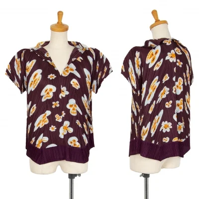 プリーツプリーズPLEATS PLEASE スカルフラワープリントスキッパー半袖トップス 赤茶