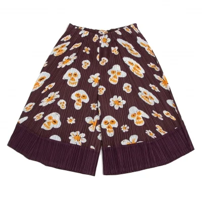 プリーツプリーズPLEATS PLEASE スカルフラワープリントフレアショートパンツ 赤茶