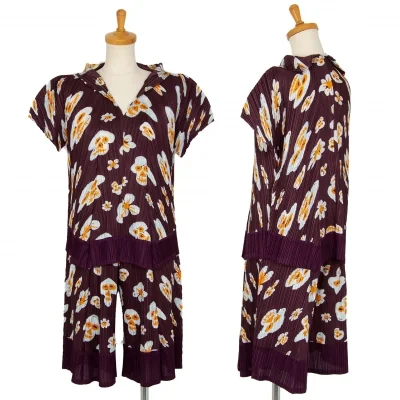 プリーツプリーズPLEATS PLEASE スカルフラワープリントセットアップ 赤茶