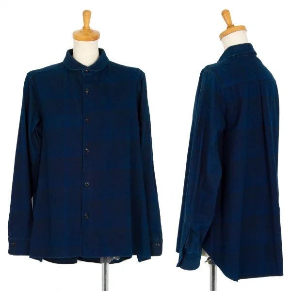 ワイズY's indigo インディゴ染めチェックラウンドカラーネルシャツ 紺2 K-103194_001