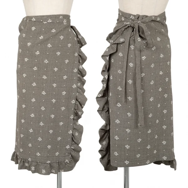 ローブドシャンブル コムデギャルソンrobe de chambre COMME des GARCONS 花柄刺繍ハウンドトゥースフリルラップスカート 黒ベージュM位 K-103195_001