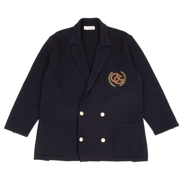 ジバンシーGIVENCHY PARIS GENTLEMAN ウールロゴ刺繍ニットダブルブレストジャケット 紺L位 K-103213_001