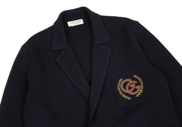 ジバンシーGIVENCHY PARIS GENTLEMAN ウールロゴ刺繍ニットダブルブレストジャケット 紺L位 K-103213_002