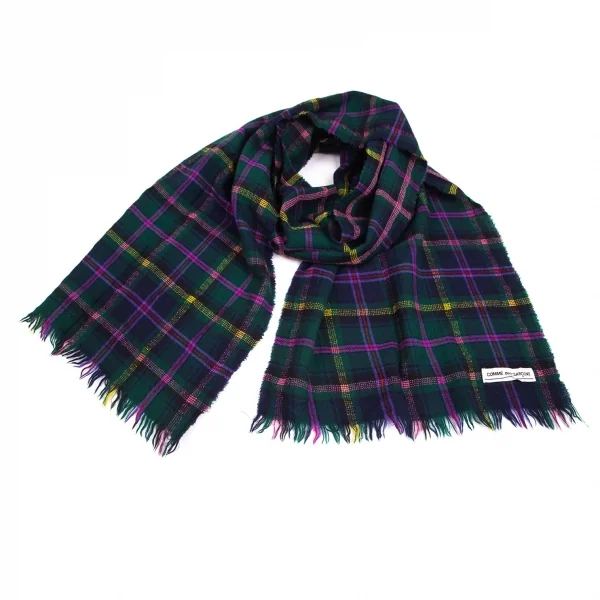 コムデギャルソンCOMME des GARCONS スコットランド製ウールチェックステッチフリンジマフラー 緑黄ピンク K-103234_001