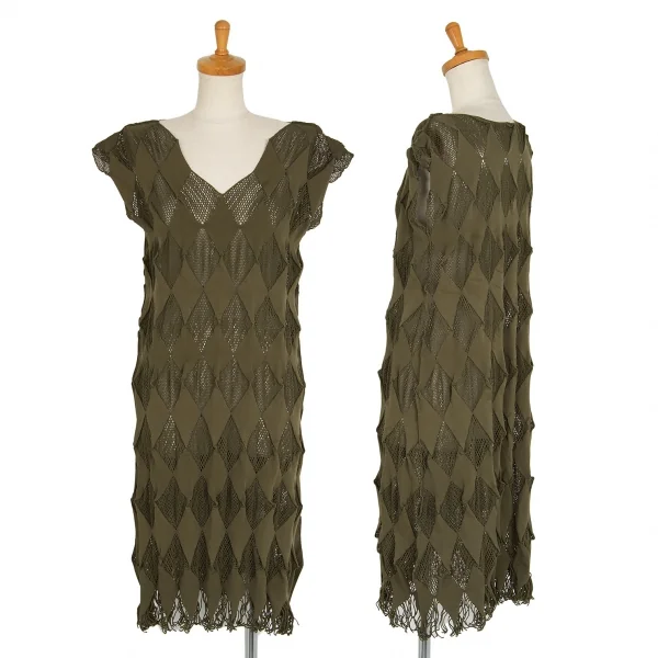 プリーツプリーズPLEATS PLEASE A-POC メッシュダイヤノースリーブワンピース カーキ3 K-103376_001