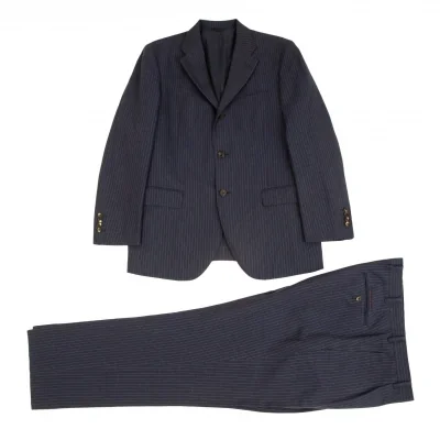 パパスPapas テッスーティディソンドリオESSUTI DI SONDRIO社ファブリックストライプセットアップスーツ 紺